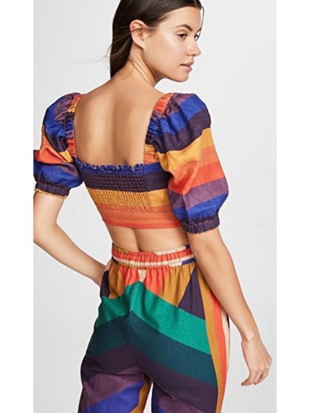 Farm Rio Rainbow Multicolor Striped Short Puff Sleeve Linen Crop Top Size Small - Picture 5 of 11